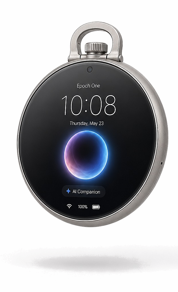 Front view of the Epoch One AI pocket watch with a circular display, camera, crown, and hinged chain loop.