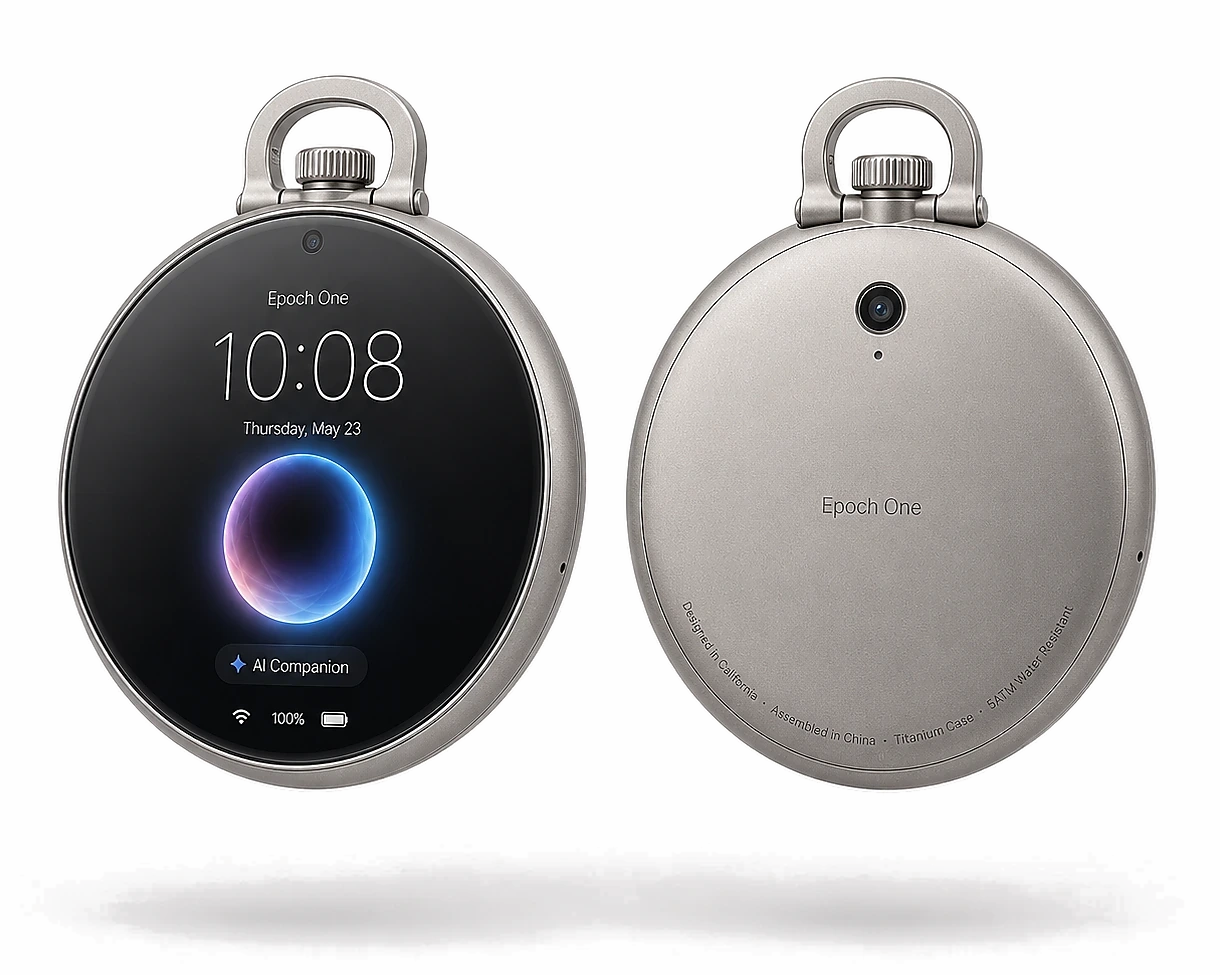 Front and rear views of Epoch One, including its rear camera and hinged crown loop.