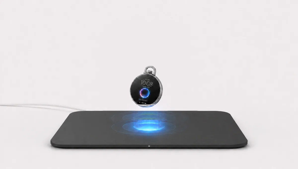 Epoch One leaning slightly while charging above the center of a thin, dark matte, six-inch square wireless charging pad.
